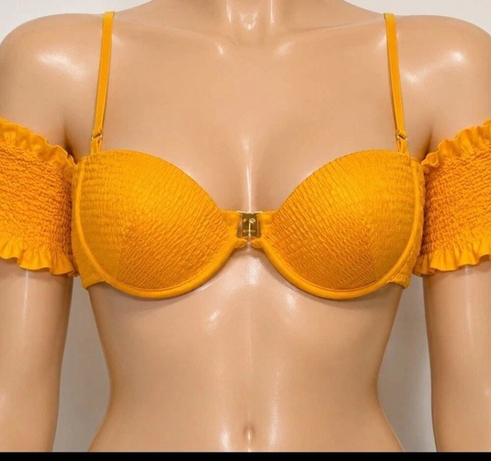 BFYNE Bikini Swimsuit Top Amaya M Lemon Chrome Detachable Arm Sleeve New